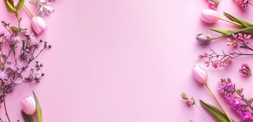 Fototapeta premium Pink Flowers Border on Pink Background