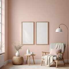 Mockup frame in interior background, room in light pastel colors, Scandi-Boho style, 3d render