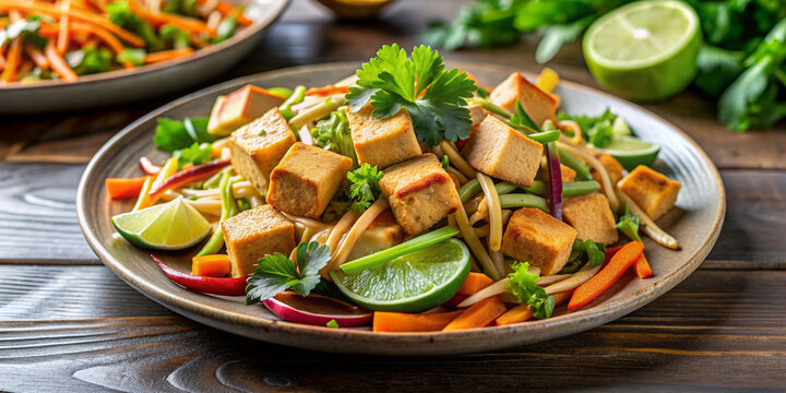 Vibrant vegan Gado-Gado salad featuring steamed vegetables, crispy fried tofu, and creamy peanut sauce, garnished with fresh cilantro and lime wedges on a modern plate.