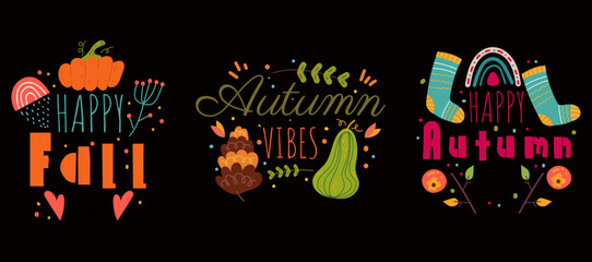Hello Autumn greeting printing cards template concept set. Vector cartoon design element illustration