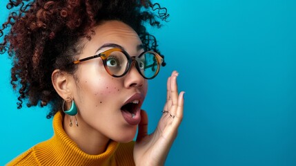 Obraz premium A person with curly hair and glasses wearing a yellow turtleneck gazes thoughtfully with their hand gently against their face, set against a vibrant blue backdrop.