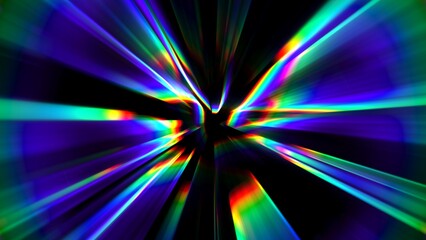 Abstract distortion refraction of rainbow rays with spectral gradient and glow effect through lens on black background. Transparent glare light dispersion effect of rainbows colorful beams. 3d render © 3d_kot