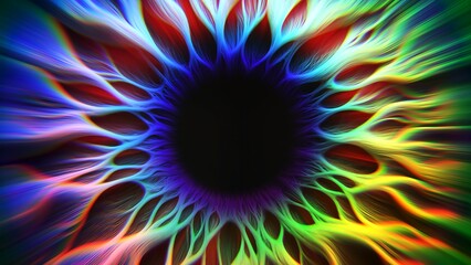 Abstract close-up colorful cosmic volumetric human eye iris with distortion refraction glow effect. Artificial intelligence concept background for banner or poster. Teleport or magic portal. 3d render