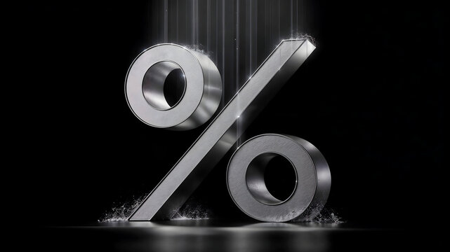 3D silver percentage sign made of matal with water droplets falling on it against black backdrop