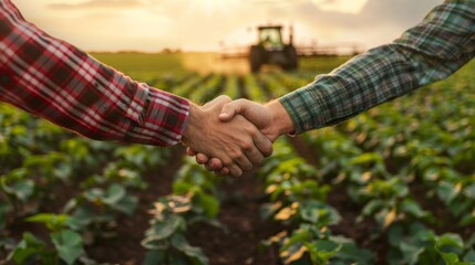 Rustic Deal: Handshake in Vibrant Field at Dusk