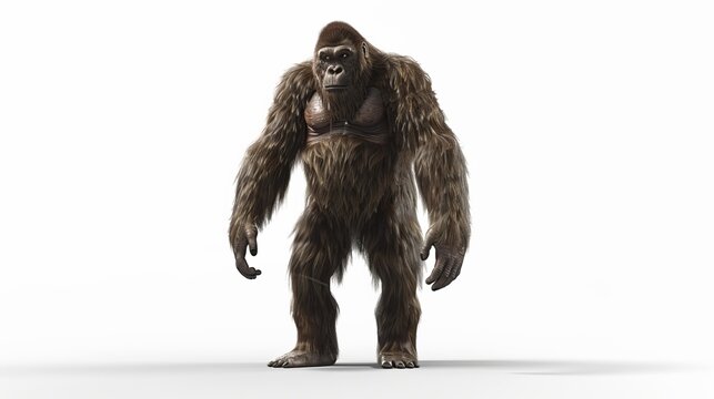 A tall, fur-covered humanoid creature stands alone, with thick fur and long arms, set against a white space, emphasizing its unique and wild appearance. - Powered by Adobe