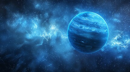 Fototapeta premium This image showcases a vast blue planet adorned with streaks and swirls, all set within a starry cosmic background, highlighting the beauty and mystery of space.