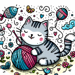 Fototapeta premium Doodle Art Cartoon of a Cat Playing with a Yarn