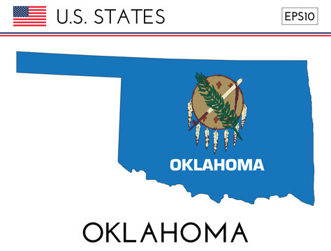 Oklahoma USA state map shape with flag. Map of Oklahoma in the Oklahoma flag colors. Outline map filled with its flag colors. Vector illustration.
