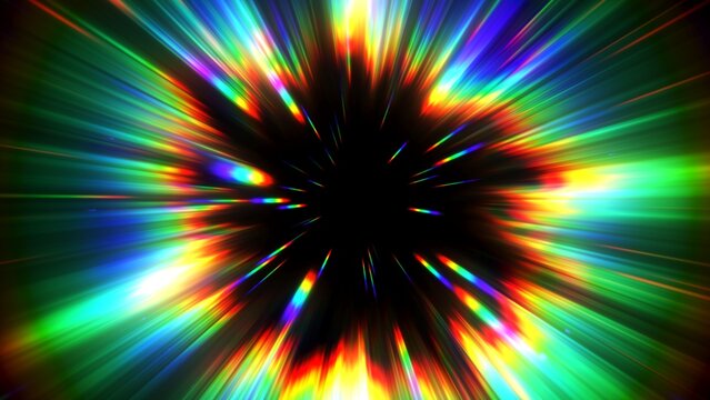 Portal for hyperspace jump at the speed of light. Colorful glowing light rays inside the infinite tunnel. Time warp. Traveling in space. Big bang. Abstract rainbow refraction background. 3d render