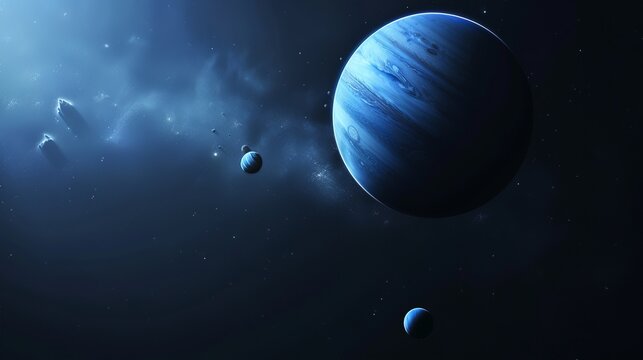 This image displays a large blue planet accompanied by smaller moons, all set within the dark expanse of deep space, presenting a captivating and serene cosmic scene.