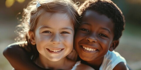 Fototapeta premium Two young kids holding and hugging each other in a warm moment, suitable for family and love-themed projects
