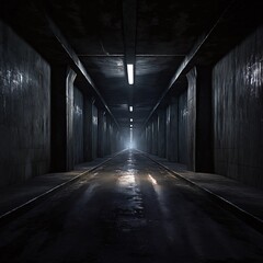 Fototapeta premium Dark and empty concrete underground tunnel with overhead lighting