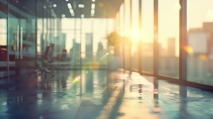 Beautiful blurred background of a light modern office interior with panoramic windows and beautiful warm lighting.