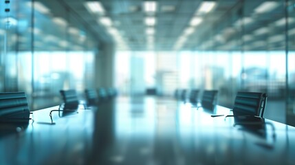 Beautiful blurred background of a light modern Corporate Meeting  Room Office with panoramic windows and beautiful warm lighting.