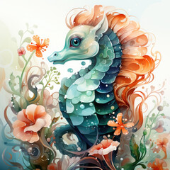 Watercolor seahorse, clipart Illustration, Generative Ai