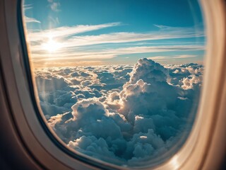 Airplane window view of clouds during sunset