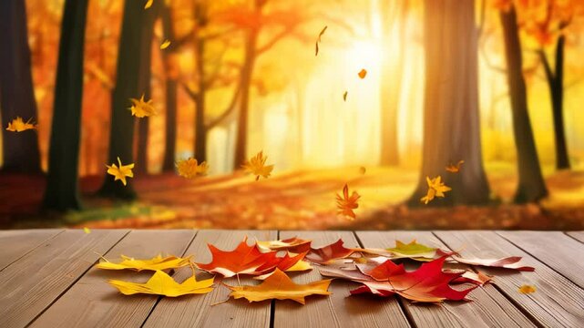 autumn leaves on a wooden table against forest in background. Morning in autumn forest. Magical autumn landscape. Copy space template background