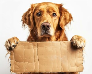 Adorable golden retriever holding a blank cardboard sign, perfect for customization and promotional use.