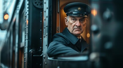 A dedicated train operator in a formal uniform is stationed at a black classic locomotive, ready to manage and guide the journey ahead with precision and professionalism.