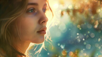 a portrait with a soft focus effect, capturing a serene expression and a dreamy, artistic background.