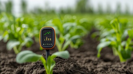 High-resolution close-up of soil health monitor in regenerative agriculture field, no people, sustainable non-GMO farming technology, focus cover all object, deep dept of field