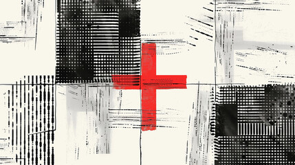 Crosshatch pattern with a red cross , monochrome pattern with accents, minimalistic illustration