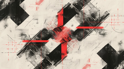 Fototapeta premium Crosshatch pattern with a red cross , monochrome pattern with accents, minimalistic illustration