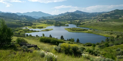 Fototapeta premium Scenic view of a mountain valley with a pristine lake, lush green meadows, and rolling hills under a blue sky with fluffy white clouds