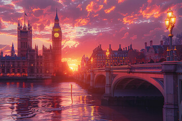 Fototapeta premium London's iconic Big Ben and Westminster Bridge at sunset, with vibrant sky colors reflecting on the Thames River