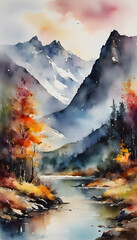 Fototapeta premium A serene watercolor painting of a mountainous landscape with a calm lake in the foreground. The scene features peaks, autumnal trees with vibrant red and orange leaves, and a partly cloudy sky.