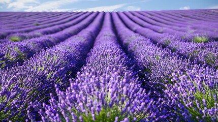 Obraz premium A beautiful lavender field in full bloom, with rows of purple flowers extending to the horizon under a bright, cloudless sky.