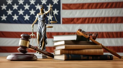 A statue of Lady Justice sits on a table next to a stack of books and a gavel
