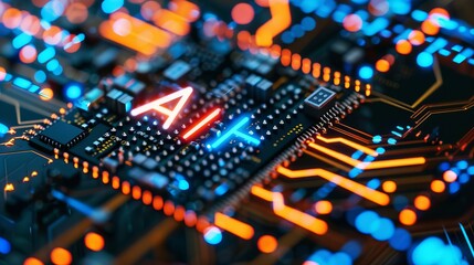 The intricate design of a digital circuit board with 'AI' highlighted, symbolizing advanced computing, artificial intelligence and modern technological development.