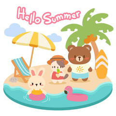 Cute Animals Enjoying Summer on the Beach. Adorable Beach Scene with Summer Animals. Cartoon Animals on a Tropical Summer Vacation.