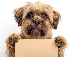 Cute brown fluffy dog holding a cardboard sign with a white background, looking directly at the...