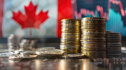 A pile of Canadian coins and a Canadian flag