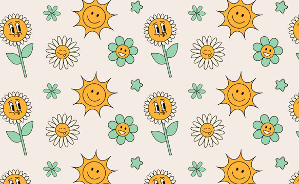 Pattern Groovy flower cartoon characters. Funny happy daisy with eyes and smile. Sticker pack in trendy retro trippy style. Isolated vector illustration. Hippie 60s, 70s style.
