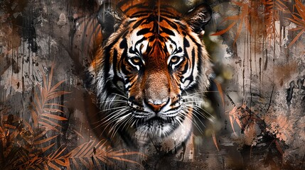 A striking portrait of a tiger front-facing, juxtaposed with an abstract artistic background, fusing the raw power of the animal with an expressive art style.