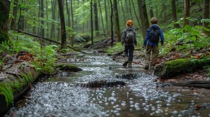 Obraz premium Kids taking a nature hike through a lush forest