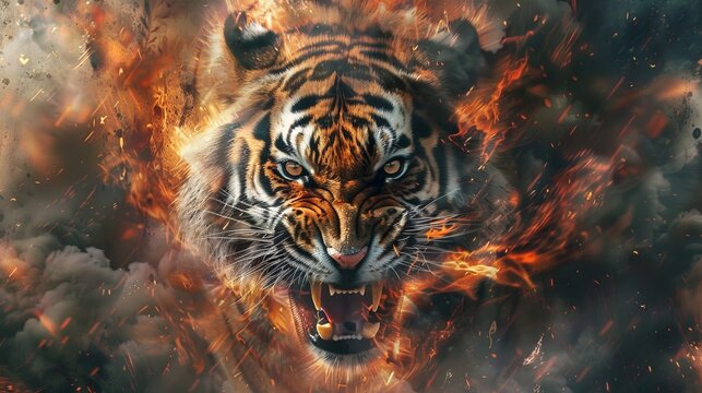 An intense and powerful scene featuring a roaring tiger breaking through flames and smoke, emphasizing the raw strength and untamed nature of the beast, in a dramatic visual.