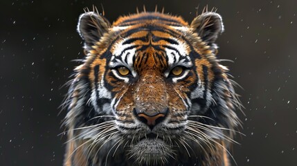 Naklejka premium A captivating tiger's face with droplets of rain adorning its fur, staring straight ahead with piercing eyes, symbolizing resilience and a focused, unwavering gaze.