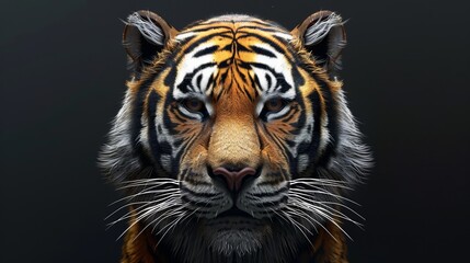 Naklejka premium A striking portrait of a tiger looking intensely ahead, showcasing its powerful and commanding presence, with detailed fur and captivating eyes signifying strength and dignity.