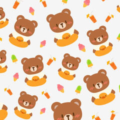 Adorable Cartoon Bear with Ice Cream and Drinks Background. Playful Summer Design with Bears, Ice Cream, and Refreshments