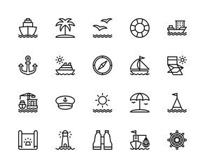 Travel by sea vector linear icons set. Contains such travel by sea icons as ship, water, waves, sea, shore, palm and more.