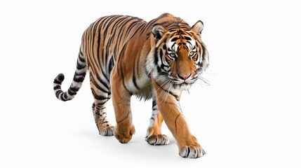 A realistic depiction of a tiger walking, showcasing its powerful physique and intense gaze, capturing the essence of this magnificent creature in its natural environment.