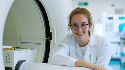 A smiling young scientist in a lab coat stands next to a large medical imaging machine. Enthusiastic and promising young researcher working with advanced medical imaging equipment.