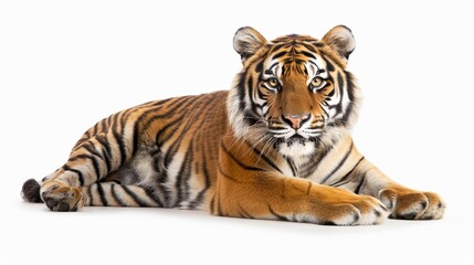 Naklejka premium A tiger lying down calmly while basking in the sunlight, with a serene expression, epitomizing strength, royalty, and the beauty of nature in a realistic portrayal.