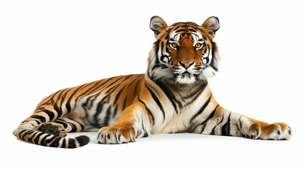 Fototapeta premium An awe-inspiring image of a majestic tiger reclined, reflecting its grandeur and strength, the picture beautifully captures its detailed stripes and powerful build.