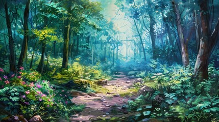Obraz premium Artistic conception of beautiful landscape painting of nature of forest, background illustration, tender and dreamy design.